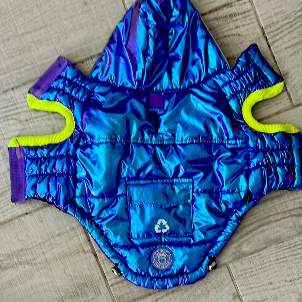 Blue and Purple Quilted Dog Jacket with Harness Design